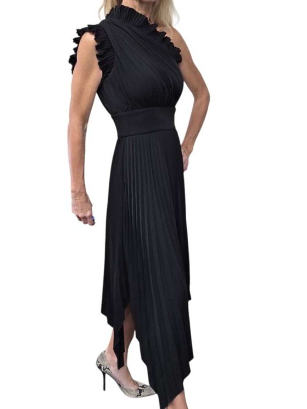 Mossman The Lady Like Black One Shoulder Pleated Midi Dress Size 4